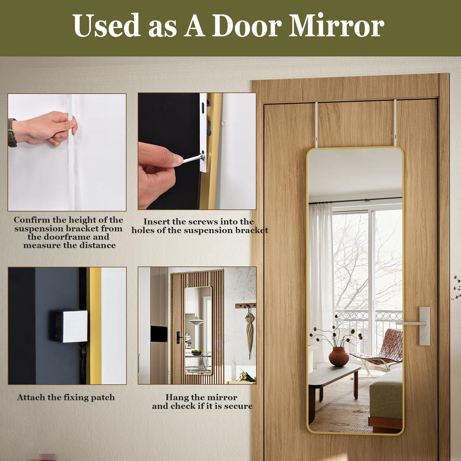 AnyRose Full Length Mirror 14" x 48" Over The Door Mirror, Aluminum Alloy Large Hanging Mirrors, Wall Mounted Body,Gold