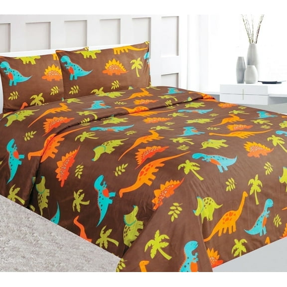 Dinosaur Brown New 4Pc Full Colorful Soft & Vibrant Printed Pattern Microfiber Bedding Sheet Set Flat sheet, Fitted sheet, and 2 Pillowcases