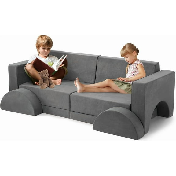 Towallmark Kids play couch, soft modular play sofa for toddlers, imaginative play furniture set for boys girls, foldable playroom couch for teens, gray kids lounge chair