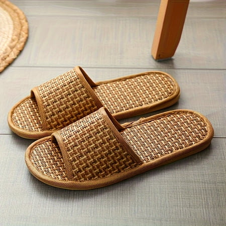 

Breathable Bamboo Woven Grass Slippers Casual Open Toe Flat Summer Shoes Comfortable Indoor Home Slippers