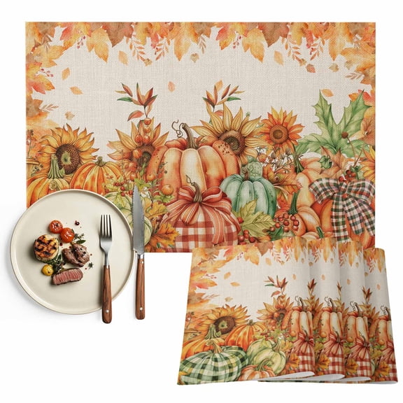 Orange Pumpkins Fall Thanksgiving Placemats Set of 4, Maple Leaf Rustic Washable Wipeable Table Mats for Dining Tables, Indoor Outdoor Kitchen Place Mats for Holiday Party Table Decor