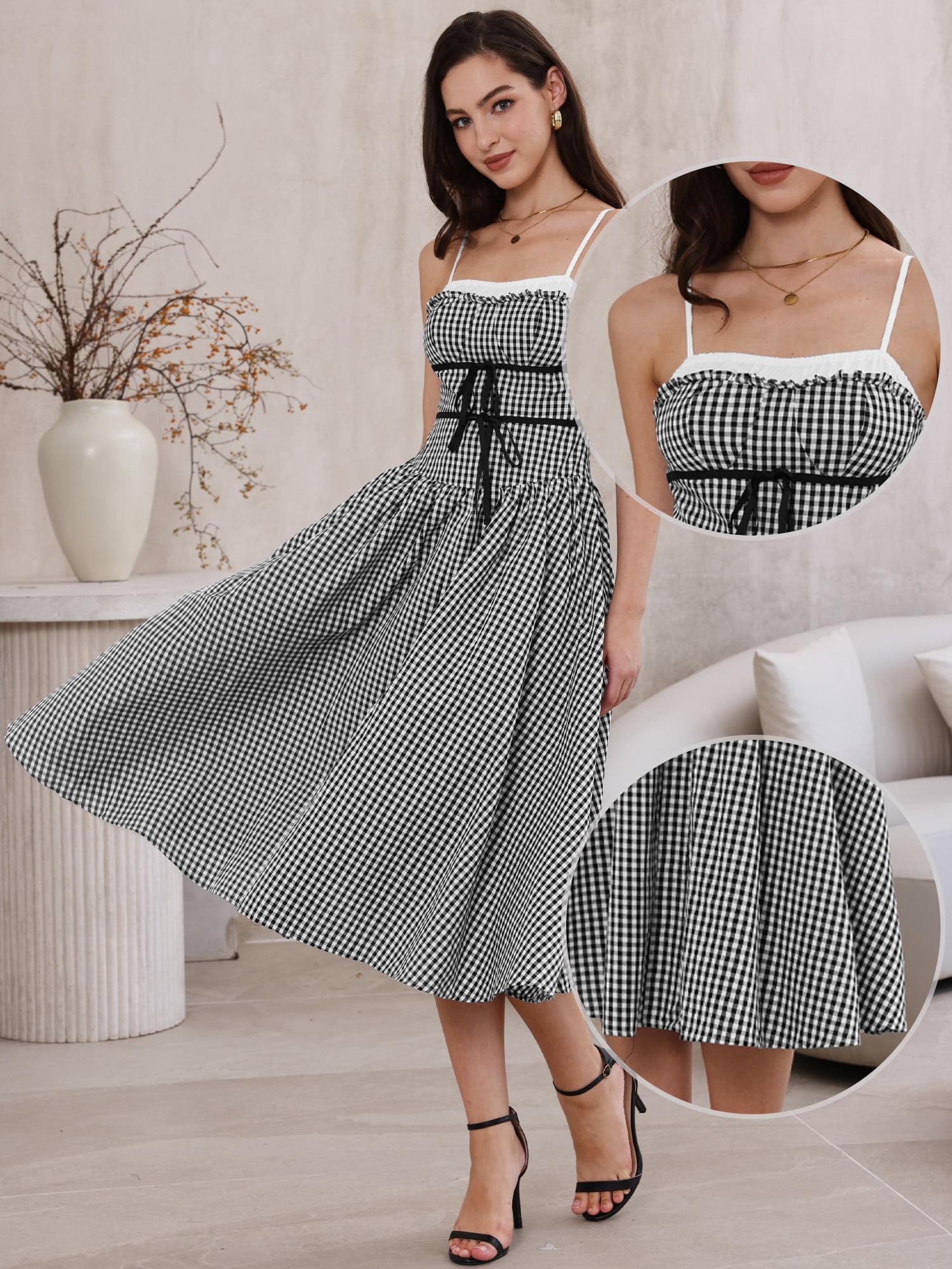 DARING DIVA Women's Plaid Midi Spaghetti Strap Flowy Dresses M Black