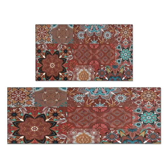 Bohemian Brown Geometry Rugs and Mats Non Skid Washable Absorbent Microfiber Soft Kitchen Mat for Floor Set Of 2 Decor Stain Resistant 17"x47" 17"x30"