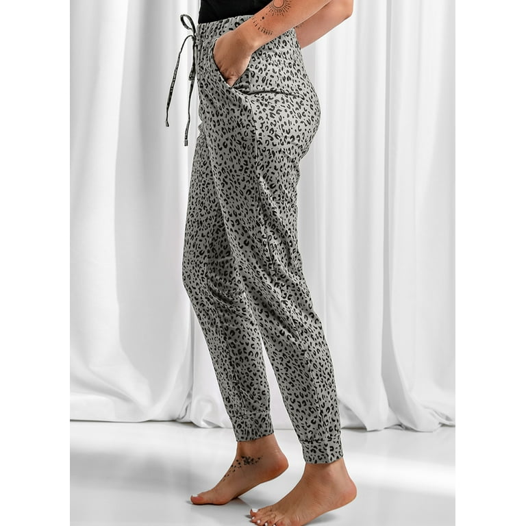 Asvivid Women s Leopard Print Sports Lounge Pants Drawstring Elastic Waist Sweatpants Casual Trousers with Pockets