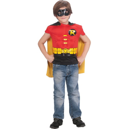 Child Teen Titans Robin Muscle Chest T-Shirt Mask Cape Costume Boys Small 4-6