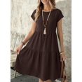 thumbnail image 7 of Womens Chocolate Brown Boho Midi Dress, Short Sleeve Round Neck Linen-Like, 7 of 7