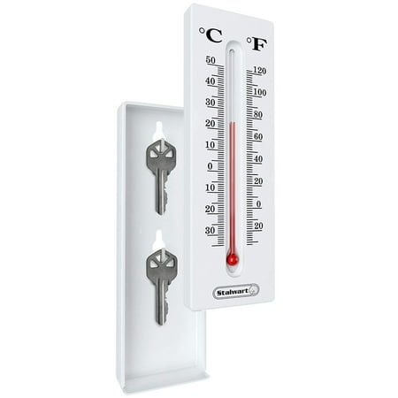 Hide a Key for House, Car, and Safe Keys- Temperature Reading Indoor and Outdoor Working Wall Mount Thermometer with Key Storage by Stalwart - Single