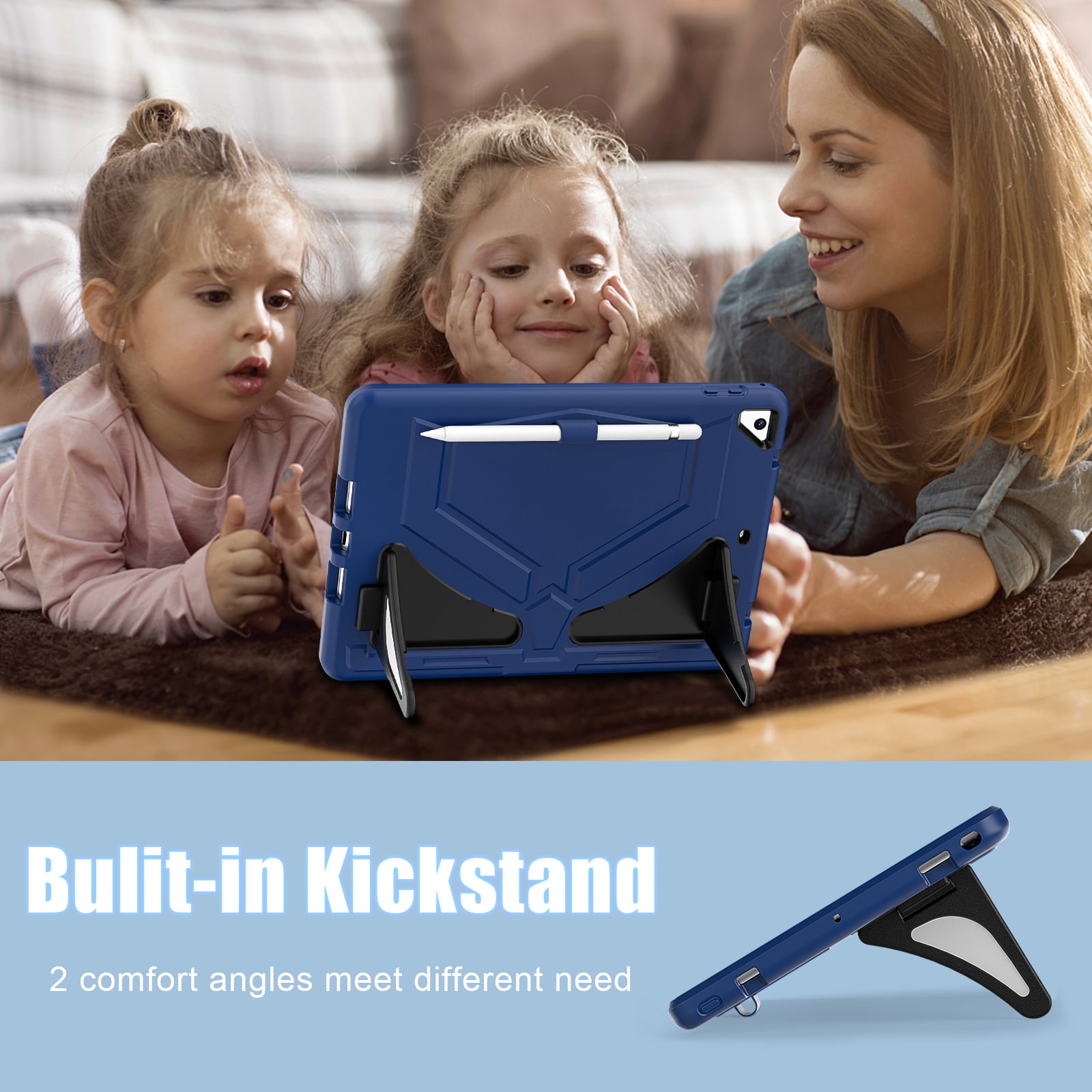 Allytechgroup Kids Case for Apple iPad 11th Generation 11" 2025 & iPad 10th Generation 10.9" 2022, Kids Friendly Heavy Duty Shockproof Tablet Case with Pencil Holder & Foldable Stand, Navy Blue