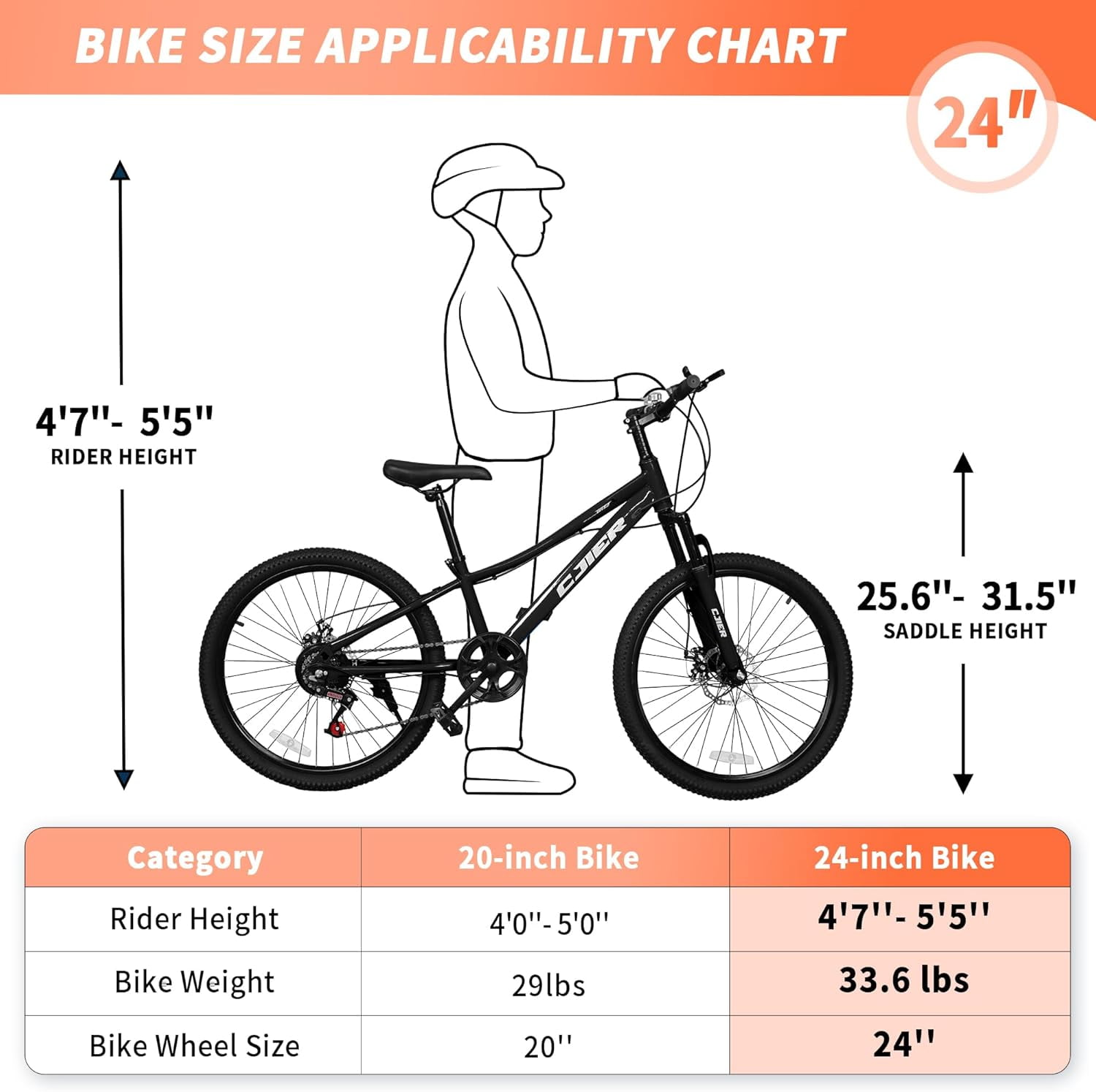 24 Inch Mountain Bike for Kids, Akaber Bicycles for Boys Girls 6-14 Years, 7 Speed Gears, Suspension Fork, Dual Disc Brakes, Anti-Slip Tires