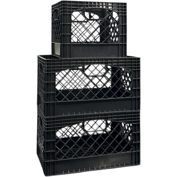 Juggernaut Storage Heavy-Duty Plastic Milk Crate Bundle 2-24QT 1-16QT Black