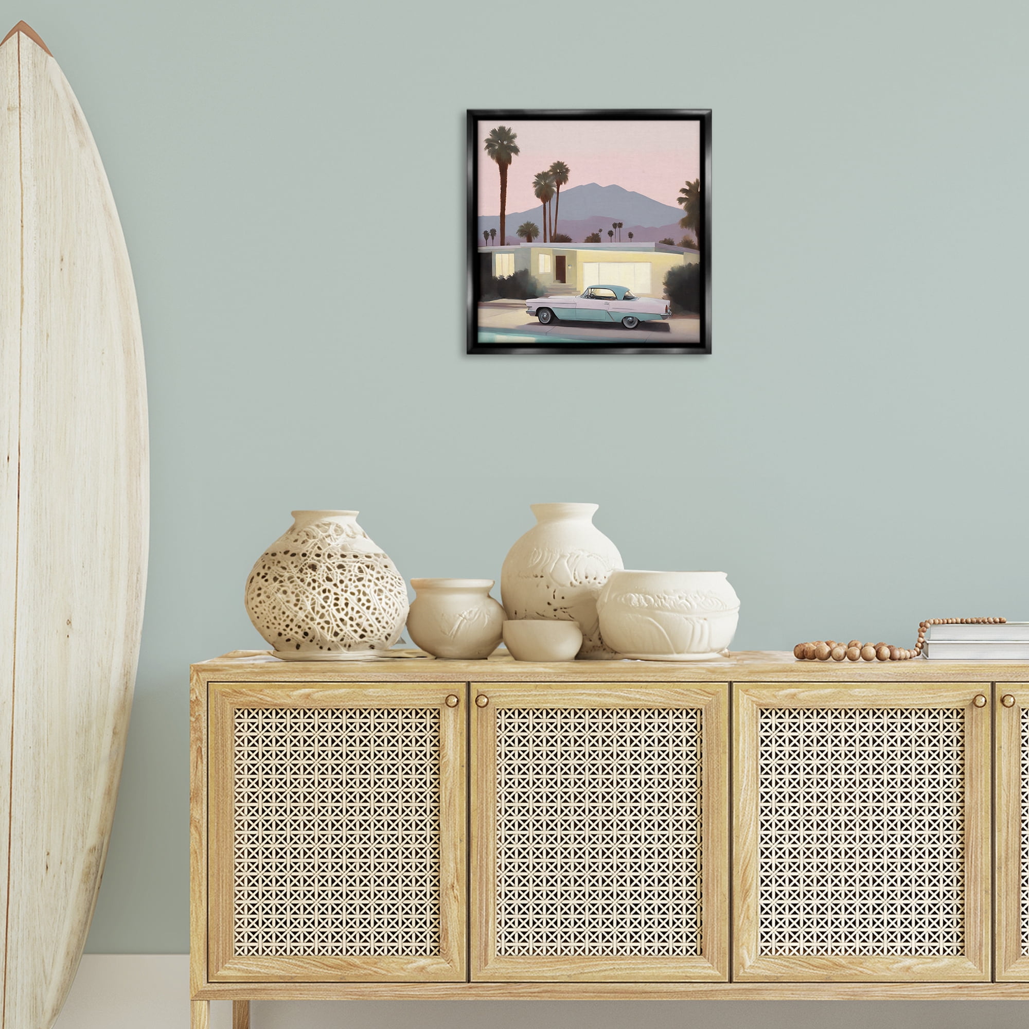 Stupell Industries Poolside Classic Car Transportation Painting Black Floater Framed Canvas Art Print Wall Art, 18 x 18