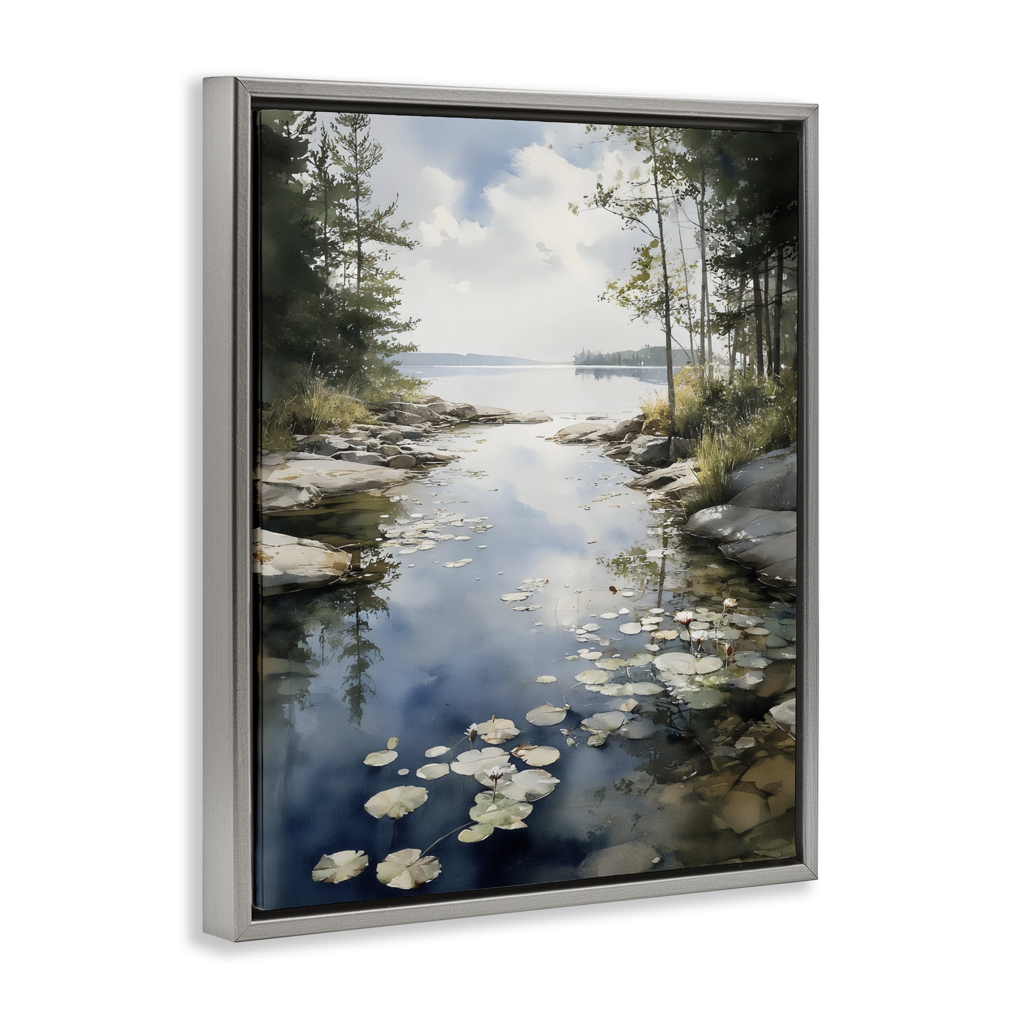 Stupell Industries Lilypad Inlet Reflection Gray Framed Floater Canvas Wall Art, design by Franklyn Gregory