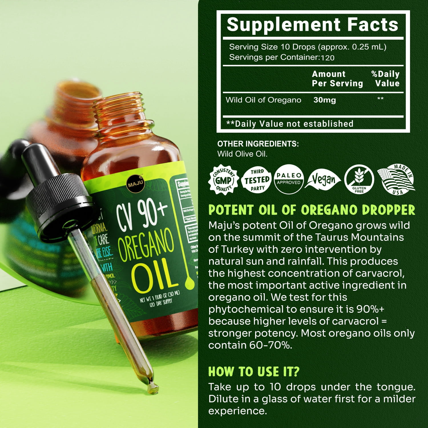 Maju Superfoods Oregano Oil Herbal Supplement High Carvacrol Liquid Dropper Gluten-Free Vegan 1 Count 1 Fl Oz (30ml)