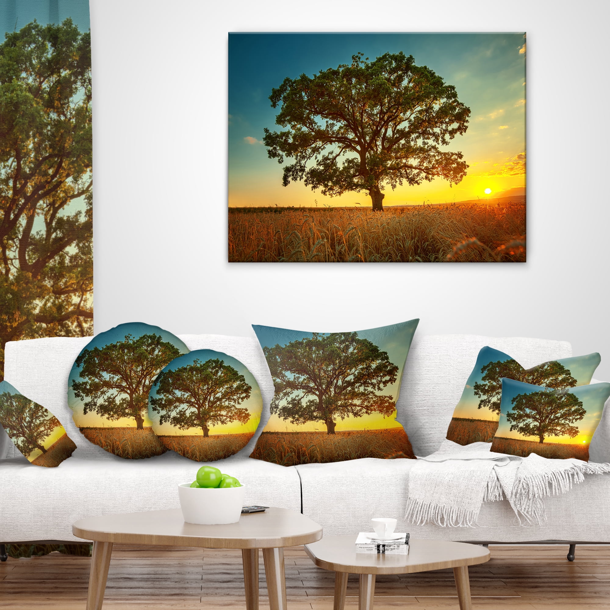 Designart Big Green Tree in Summer Field - Trees Throw Pillow - 12x20