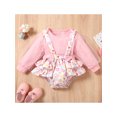 thumbnail image 2 of TSEXIEFOOFU Baby Girls Valentine's Outfit Sets Pink Long Sleeve Round Neck Romper + Heart Print Suspender Shorts, 2 of 9
