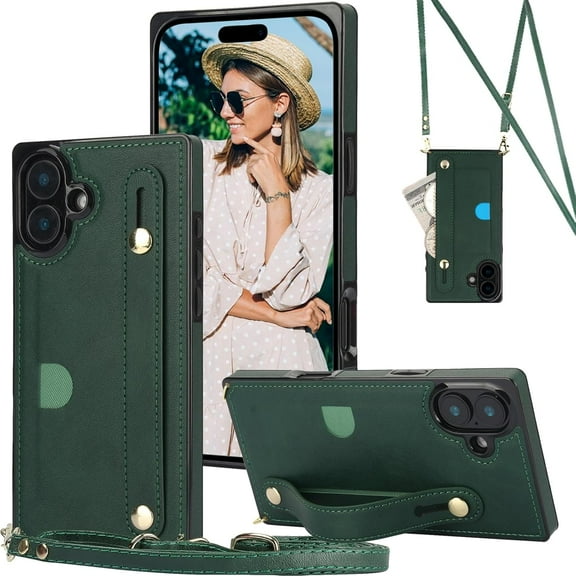 for iPhone 16/ Apple 16 6.1" Crossbody Wrist Strap Wallet Case with Cash Change Slot, Removable Adjustable Shoulder Lanyard PU Leather Cover for Apple iPhone 16 XK-Green
