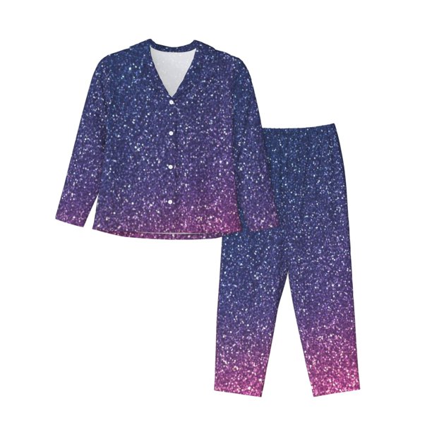 Fotbe Violet Glitter Conjunto de Pijama de Manga Larga para Mujer con Estampado, Ropa de Dormir de 2 Piezas, Conjunto de Casa Suave y Cómodo con Bolsillos-XX-Large