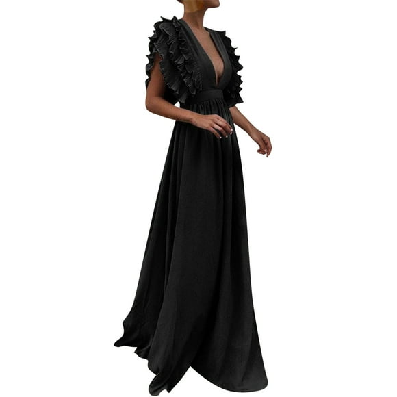 TSADFHJI Pleated Skirts for Women Knee Length Women Wrap V Neck Ruffle Sleeve Tiered Midi Dress Tie Waist A Line Long Party Dress S Black