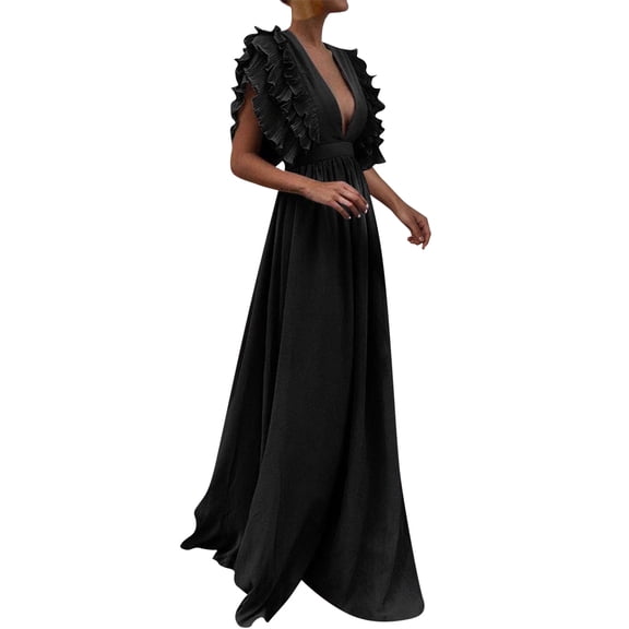 XIAONU Women's Deep V Neck Ruffle Sleeve Maxi Dress A Line Formal Evening Bridesmaid Party Gown