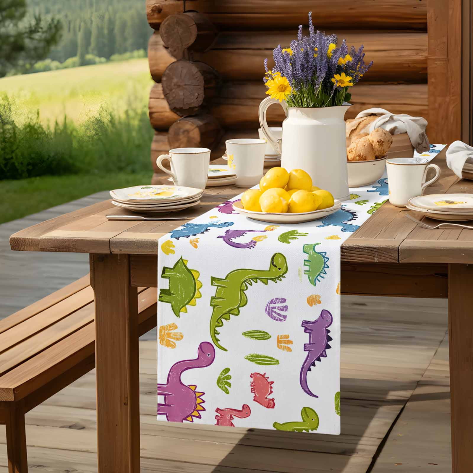 Modern Abstract Colorful Dinosaur Table Runner 90 Inches Long, Classical Cartoon Animal Table Runners Tabletop Scarf Kitchen Dining Tables Decoration for Home Party Indoor Outdoor