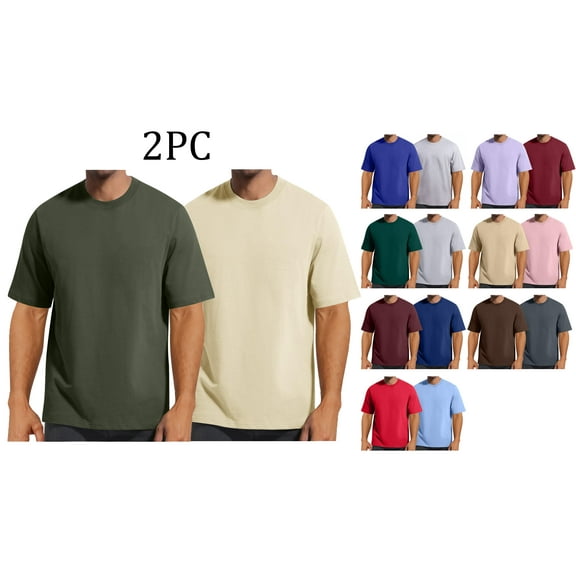 Afuyipoi Men's T-Shirt 2PC Heavyweight Cotton Tee Casual Short Sleeve Crew Neck Pullover Tops Army Green Size L