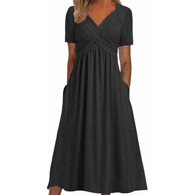 Robes de Printemps pour Femmes Décontractées Manches 3/4 Longue Robe Évasée Basique Plage Vacances Travail Maxi Robe 2025