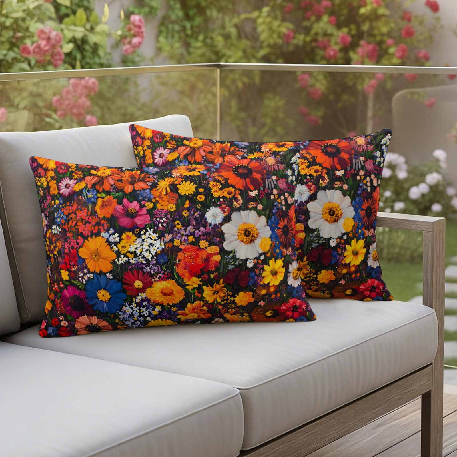 Red Orange Floral Pillow Covers 2 Pack Spring Flower Green Leaf Plant Farm Watercolor Pillowcase Waterproof Outdoor Throw Pillow Cover for Patio Balcony Rectangular Cushion 20”x12”