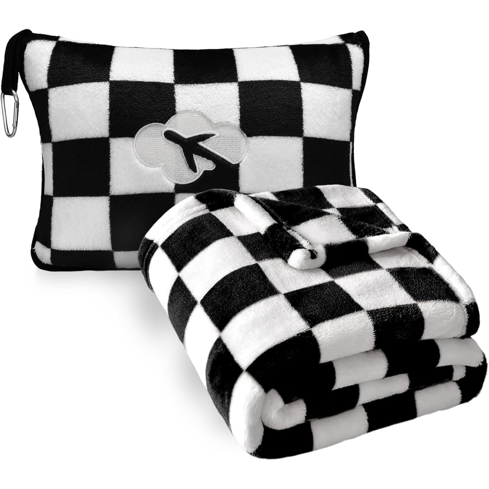 Travel Blanket and Pillow Compact, Premium Soft 2 in 1 Airplane Blanket with Soft Bag Pillowcase，Hand Luggage Sleeve and Backpack Clip (Checkered Black)