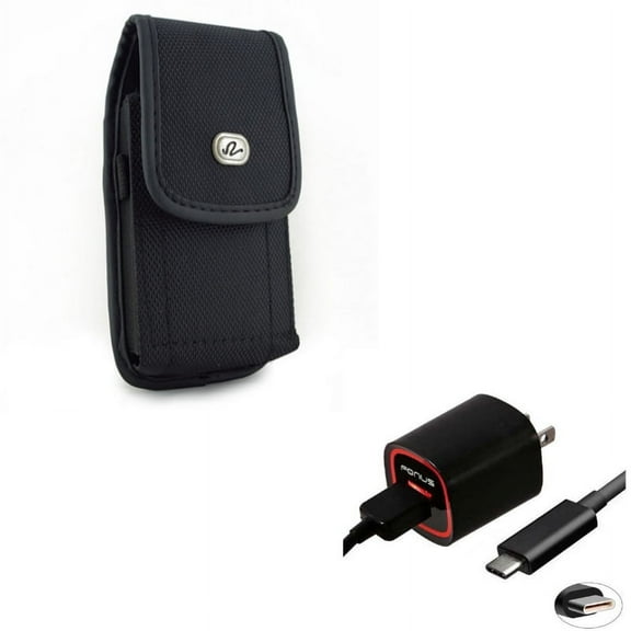 Black Rugged Canvas Phone Case w 2.4Amp Rapid Home Wall Travel Charger USB 6ft Type-C Cable Q1E for Alcatel Idol 4S - ASUS ZenFone 5z - BLU Vivo XI Plus 5 - CAT S61 S48c - Google Pixel XL