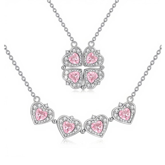 YAFEINI Sterling Silver Four Leaf Clover Necklace for Women Pink Diamond Folding Heart Pendant Necklace Lucky Love Jewelry