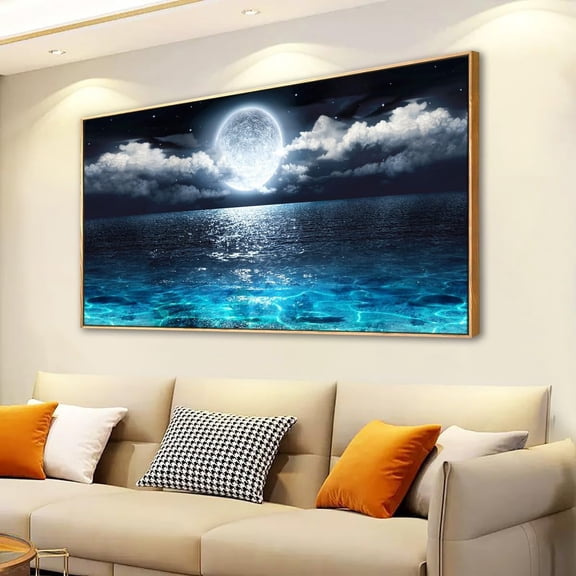 Aaheei Canvas Wall Art, Ocean Beach Painting Print, Living Room, Bedroom or Office Wall Decor, Moon Waves Blue Coastal Artwork, Relaxing Modern Home Canvas Print 8 x 10 in