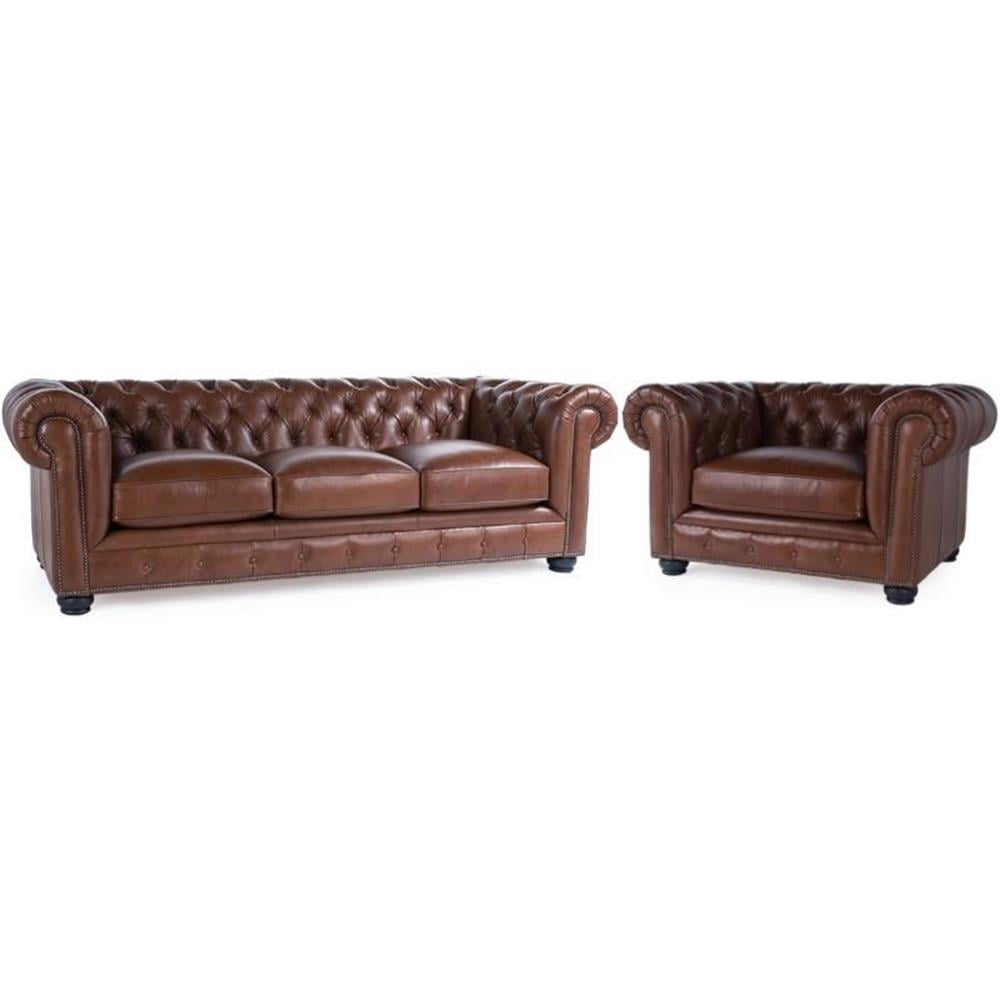 Home Square 2 Piece Set with Leather Chesterfield Accent Chair and Sofa in Brown Walmart