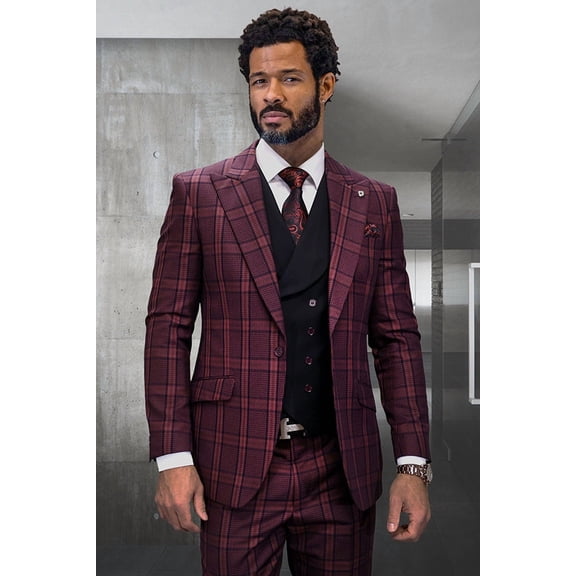 Men's Statement Suits Wide Peak Lapel Houndstooth Suit Burgundy 42 Long