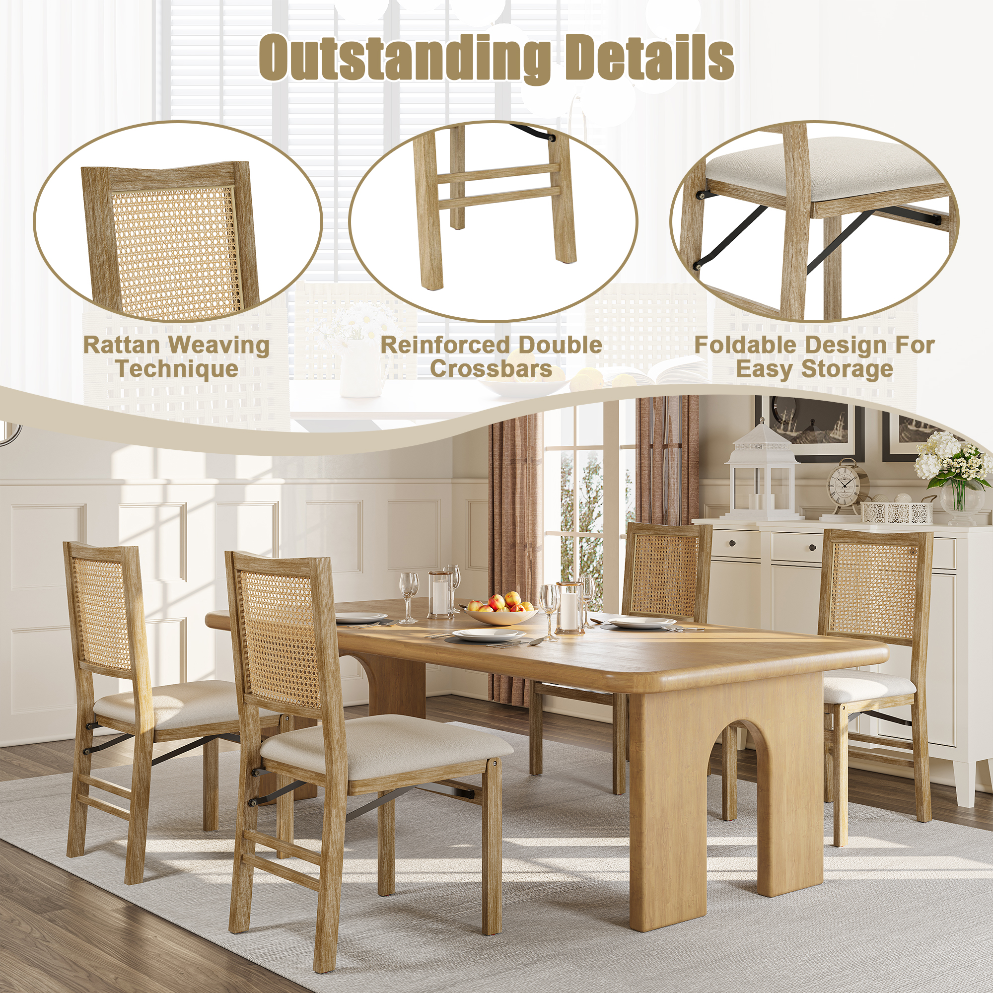 MOONMISS Scandinavian Style Solid Wood Frame Folding Dining Chair(set of 2) for Kitchen,Living Room