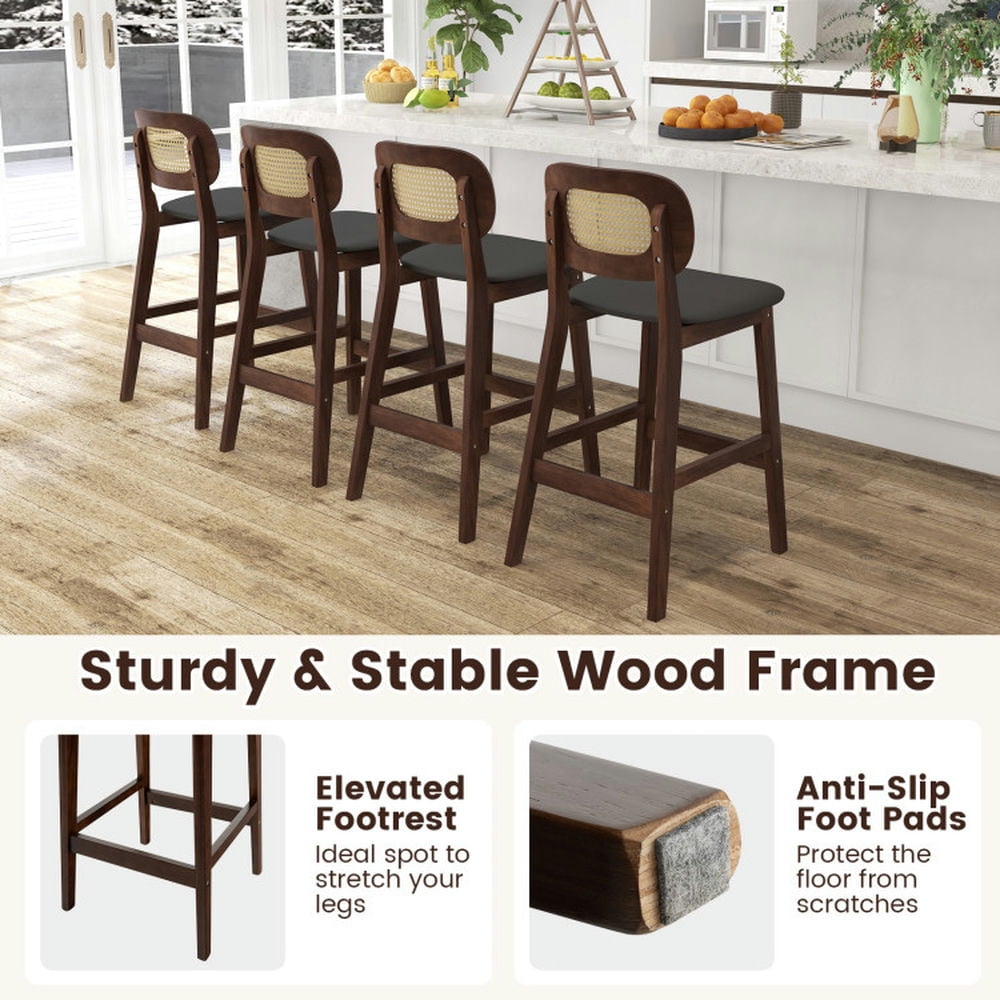 Demi Bonn Wood Bar Stool with PE Rattan Backrest Padded Seat and Footrest, Modern Kitchen Dining Chair, Brown