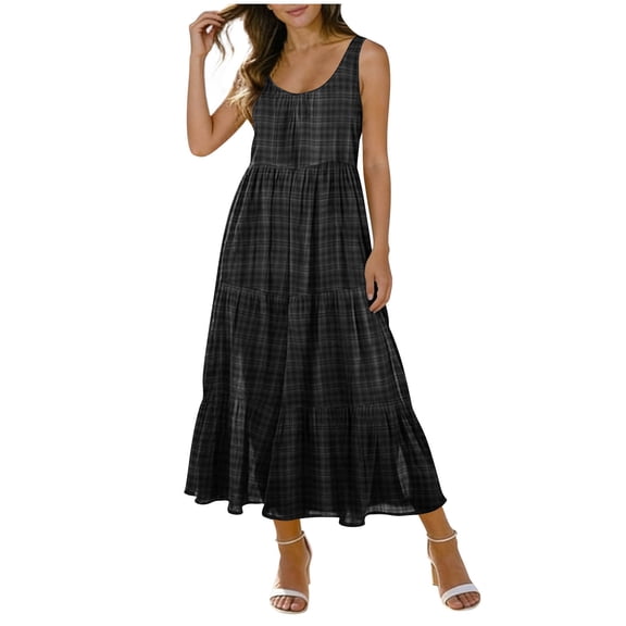 XUNKUSGA Maxi Sundresses for Women Casual Scoop Neck Sleeveless Plaid Pleated Flowy Womens Summer Dresses Classic High Waisted Beach Swing Dress with Pockets,Gray,S