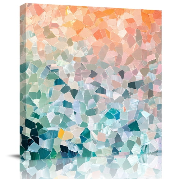 Abstract Orange Teal Splicing Art Canvas Artwork Painting Art, Colorful Glasses Texture Square Framed Wall Decorations Prints Picture for Bedroom Kitchen Living Room, 8x8 in