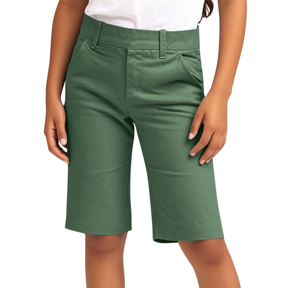 MGDXOX Girls Solid Color Classic Knee Length Chino Shorts Button Closure Straight Leg Casual Bottoms Stylish Simple Design for School Daily and Formal Wear Green 7 Years