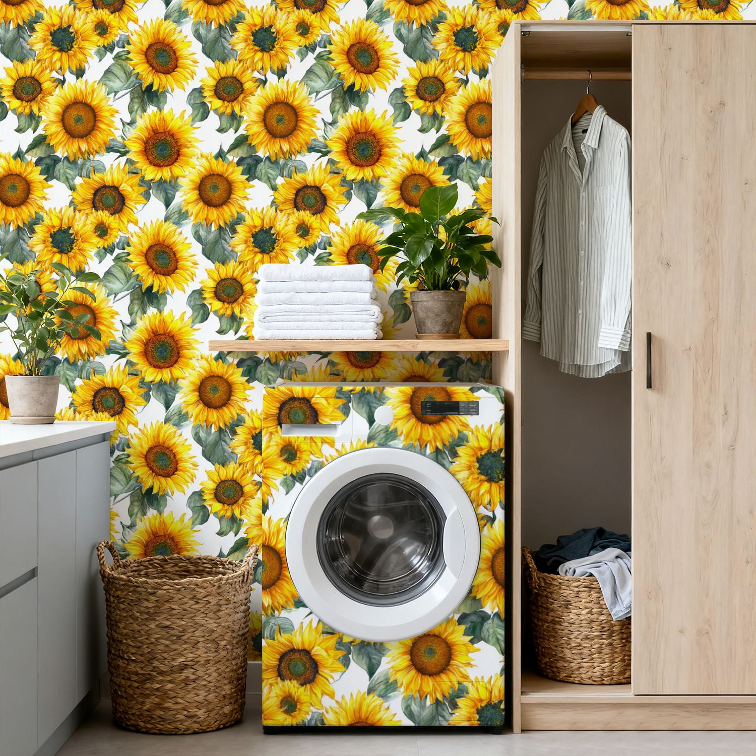 Peel and Stick Wallpaper 17.7in x 9.8ft Sunflower Vibrant Yellow Petals Green Leaves Contact Paper Vinyl Self-Adhesive Removable Wall Paper for Bedroom DIY Home Decor Renter Friendly