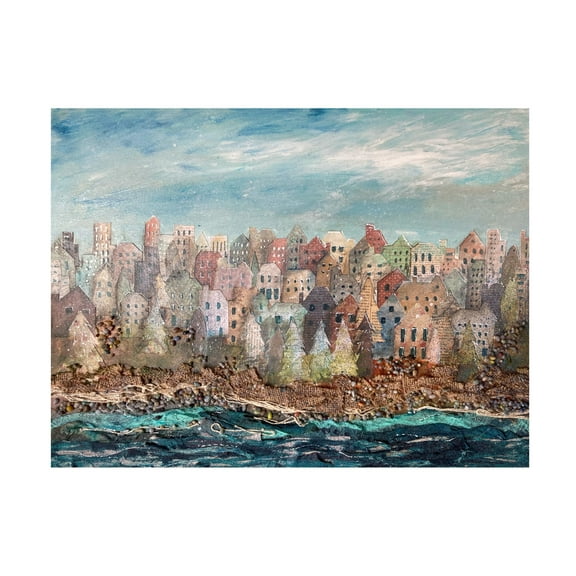 Canvas Wall Art - Christine Rotolo 'Mixed Media Village and the Sea' Wall Art for Living Room, Bedroom, or Office Décor by Trademark Fine Art - 19 x 14 Inches