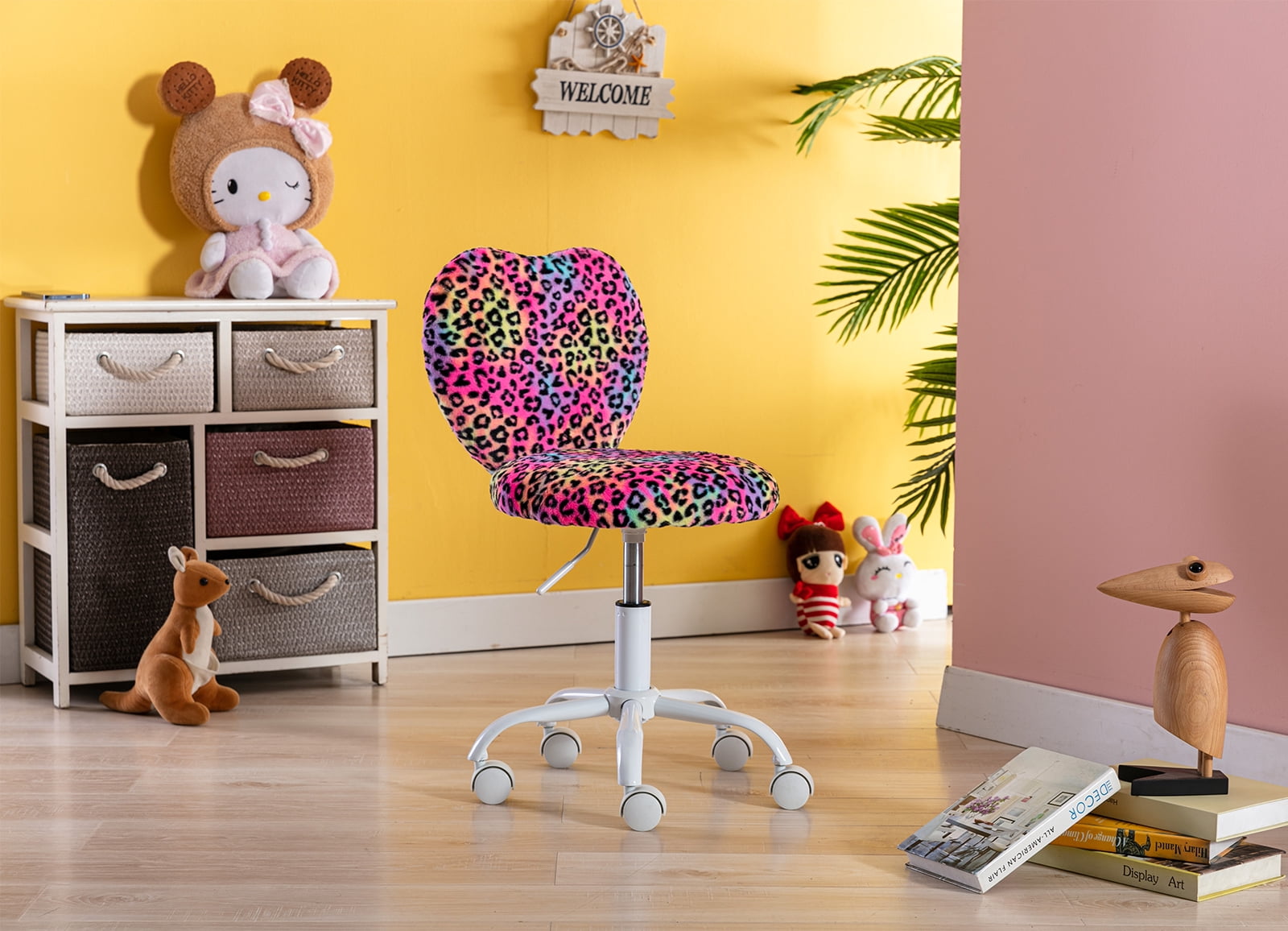 Guyou Cute Fluffy Kids Chair for Teen Girls Rolling Study Desk Student Chair, Fluffy Computer Task Chair, Adjustable Heart Shaped Bedroom Reading Dresser Chair, Leopard