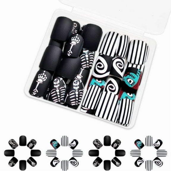 Yoyauz 48PCS Short Nail Fake Nail with Black and White Striped Skull Design Charm Acrylic Nail Halloween Suitable for Girls and Women