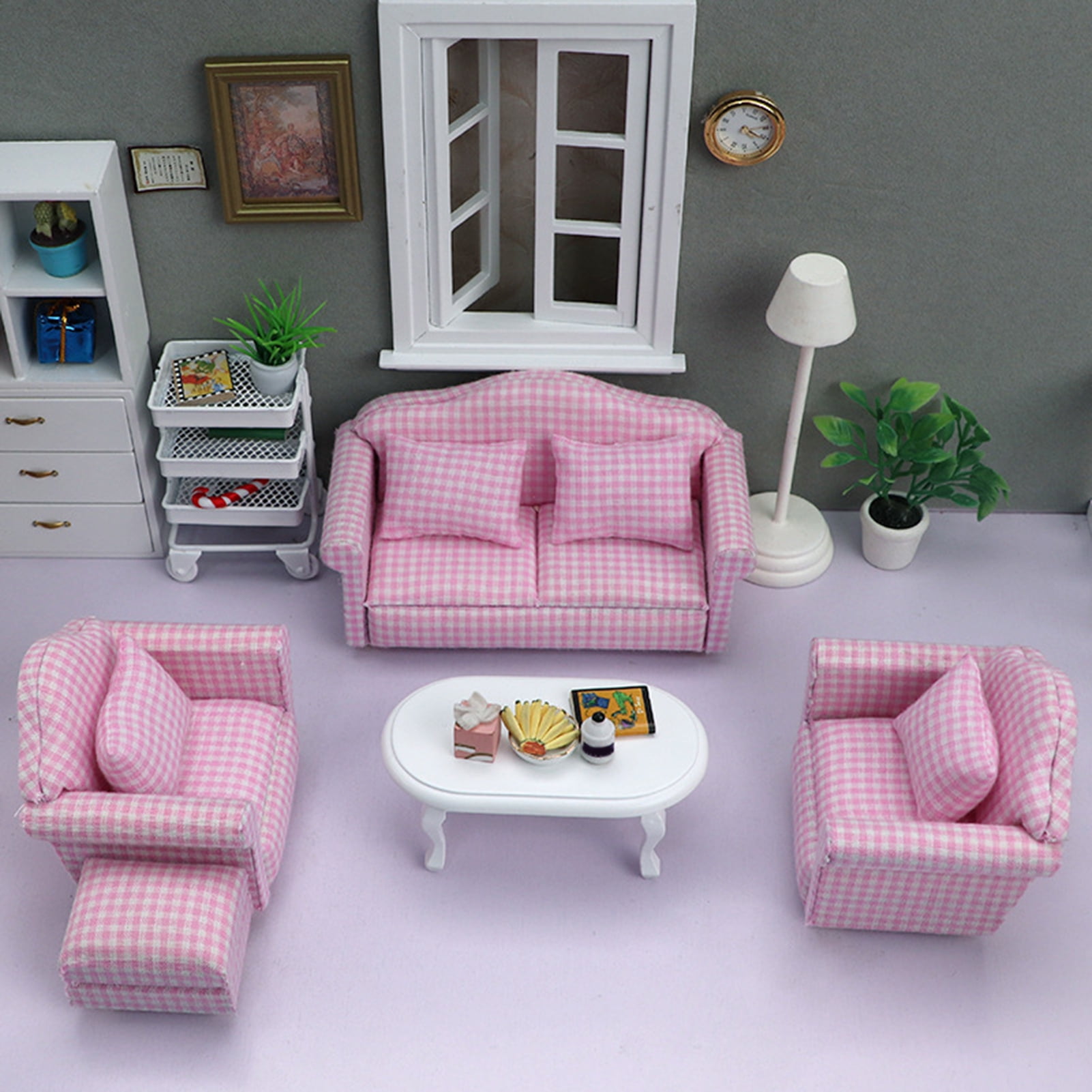 plant & dishes 1:12 Dollhouse Miniature Pink Checked Living Room set with rug 