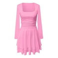 thumbnail image 3 of Women's Fashion Long Sleeve,Women's Square Neck Pleated Hem Dress Solid Color Waist Cinched Long Sleeved Dress Pink, 3 of 4