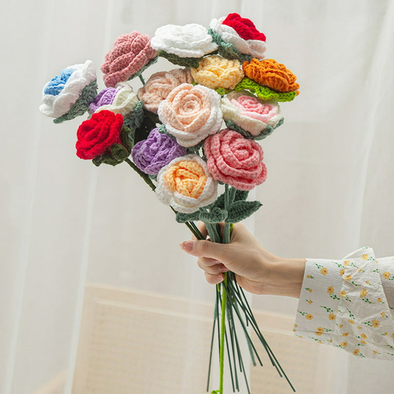 Okwish Flower Branch Decoration Dried Flowers Rose Bouquet Fake Plants  Crocheted By Hand Wool Mother'S Day Valentine'S Day Gift 1Pcs 