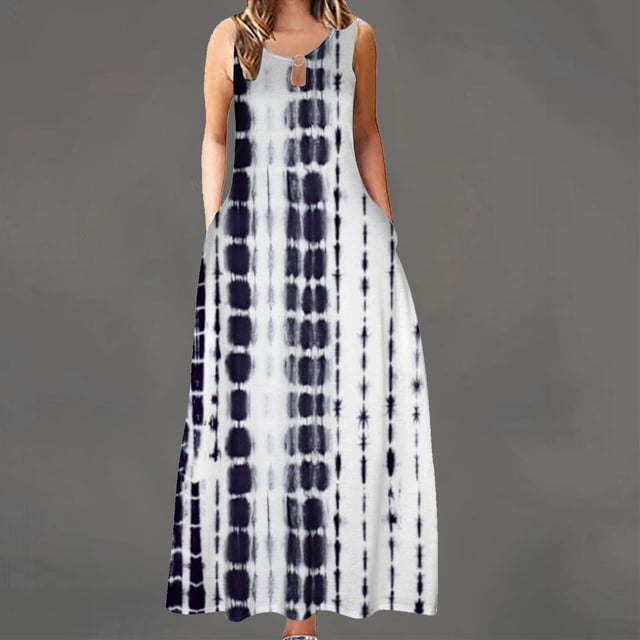 FcBaudy Robe Sans Manches Col Rond, Robes d'Été pour Femmes, Robes Sans Manches Col Rond Imprimé avec Poches Grande Robe d'Été pour Femmes