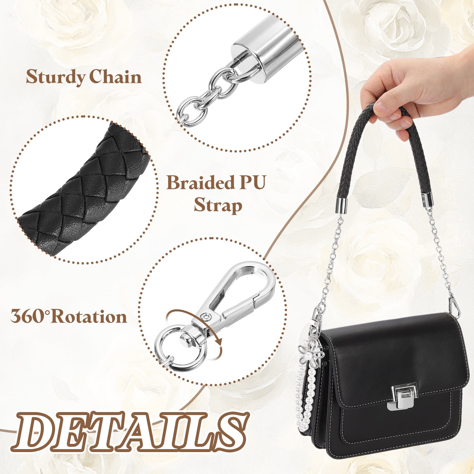 Uxcell 2 Pcs PU Leather Chain Purse Strap, 23.6 Inch Braided Purse Handles Replacement Strap with Pearl Pendant for Tote Bag Handbag Underarm Bag (Black, Silver Chain)
