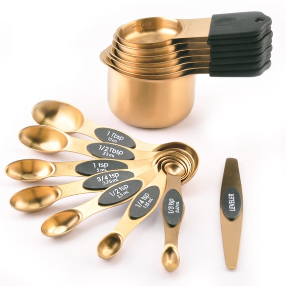 Magnetic Measuring Cups and Spoons Set 15 PCS Gold Plated 304 Stainless Steel with Silicone Handles Accurate Scale Easy Clean Store for Baking Cooking