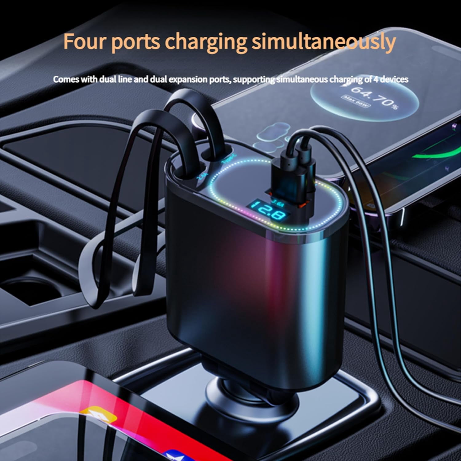 Retractable Fast Car Charger, 240W Car Charger with LED Display, 4-Port Fast Charging, USB PD & QC Compatible, 35.4inch Cable, Car Accessories for Phones/Tablets/Car Recorders (Black)