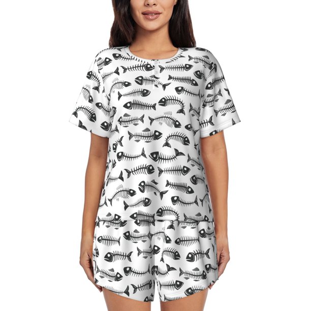 Fotbe Fish Bones Conjunto de Pijama Estampado para Mujer, 2 Piezas, Ropa de Dormir con Camiseta de Manga Corta y Shorts Suaves-4X-Large